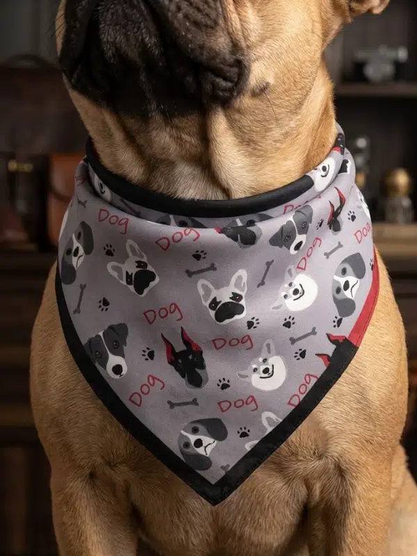 Modern Desenli Sevimli Köpek Irkları Figürlü, Kırmızı-Siyah Çerçeveli Şık Köpek Bandanası