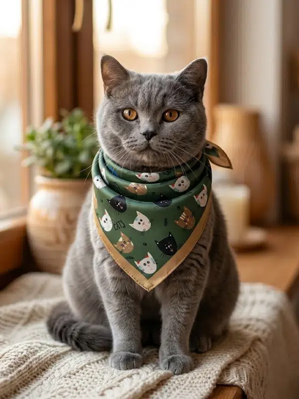 Sevimli Kedi Figürlü, Çok Renkli Desenli ve Bej Çerçeveli Şık Kedi Bandanası