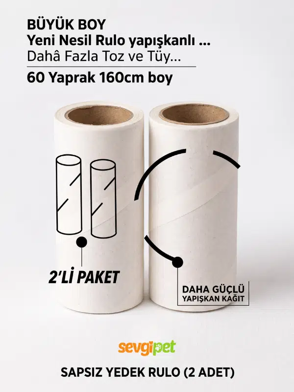 SVGPT Büyük Boy Yeni Nesil Tüy Toplama Rulosu Yedek Başlığı - 60 Yaprak 160 CM (2'li Paket / Sadece Rulo)