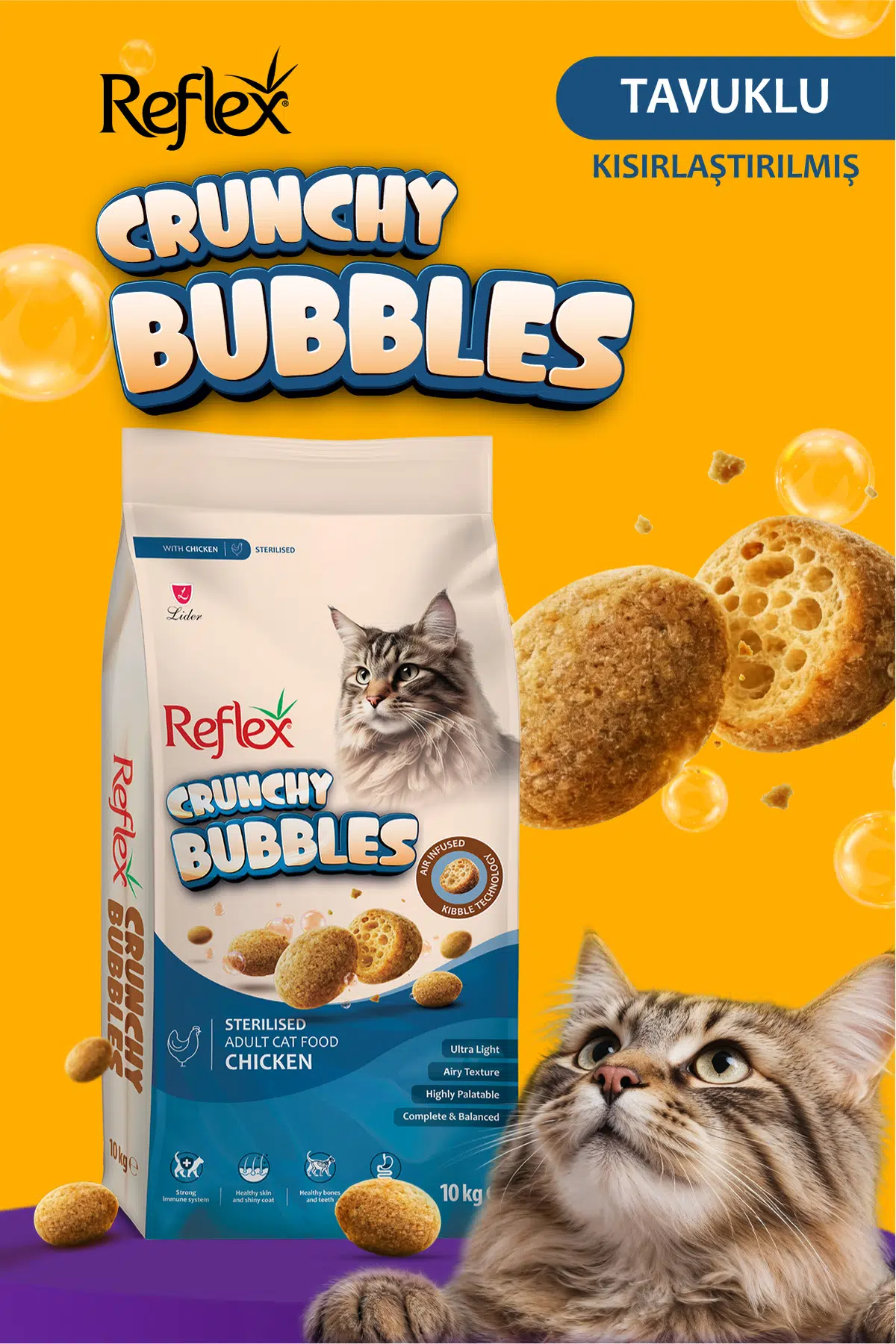 RFLX Crunchy Bubbles Kısırlaştırılmış Tavuklu Yetişkin Açık Kedi Maması 1 KG