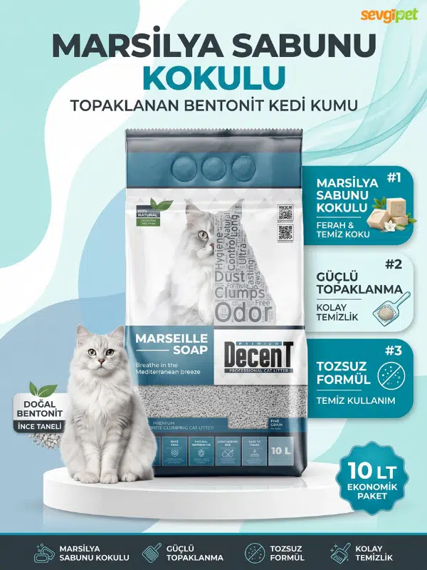 Doğal Bentonit Marsilya Sabunu Kokulu, Güçlü Topaklanan ve Tozsuz Kedi Kumu 10 LT