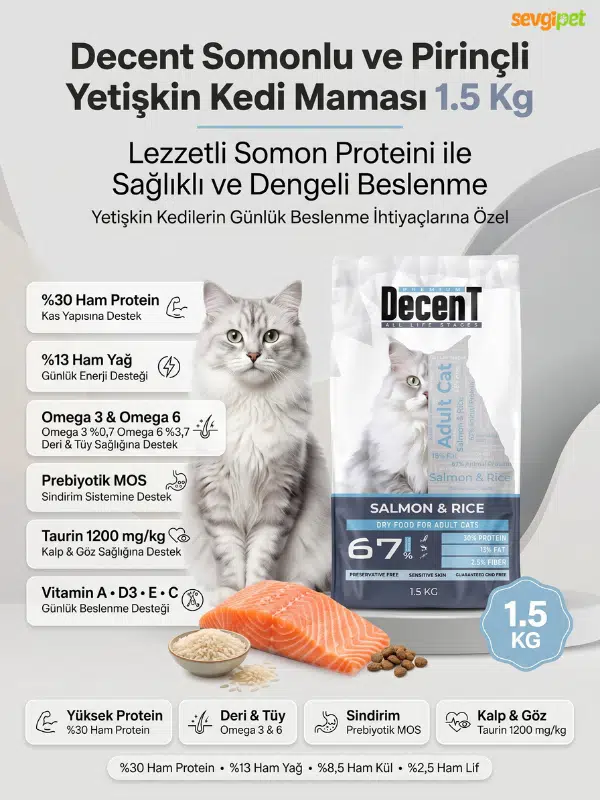 Somonlu ve Pirinçli Yetişkin Kedi Maması 1.5 KG (Yeme Garantili)