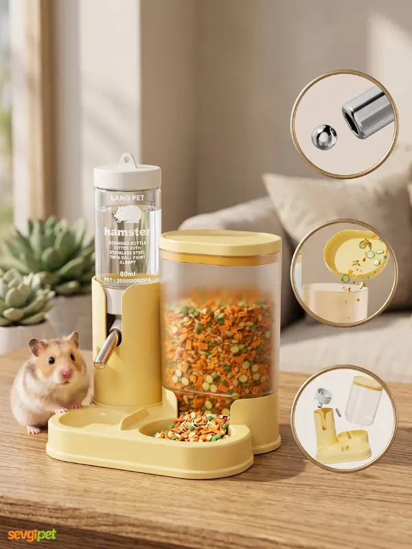 Hamster Otomatik Yemlik ve Suluk İstasyonu 80 ml (Kafes İçi Devrilmez 2'si 1 Arada Kemirgen Besleme Seti)