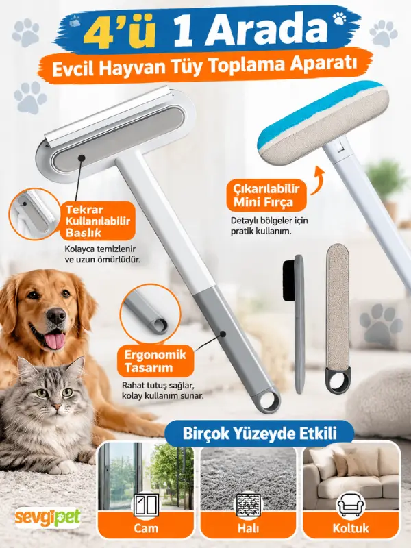 4 Fonksiyonlu Evcil Hayvan Tüy Toplama Aparatı (Kedi ve Köpek Tüy Temizleyici Halı, Koltuk ve Kumaş Fırçası)