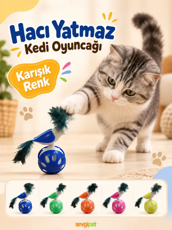 Hacıyatmaz Tüylü Kuş Figürlü Kedi Oyuncağı (İnteraktif Devrilmez Egzersiz Oyuncağı)