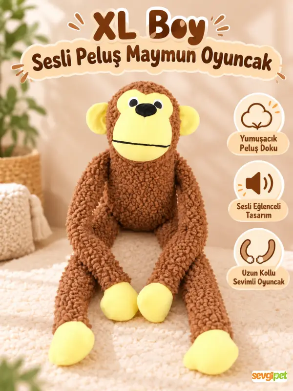XL Boy Sesli Peluş Maymun Oyuncak (Çocuklar, Kedi ve Köpekler İçin Çok Amaçlı Düdüklü Peluş Uyku ve Oyun Arkadaşı)
