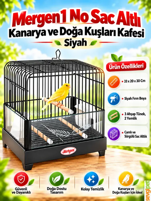 Mergen 1 No Sac Altlı Kanarya ve Doğa Kuşları Kafesi Siyah (33 x 20 x 30 cm – Camlı ve Sürgülü Tepsili, 3 Ahşap Tünekli Kuş Kafesi)