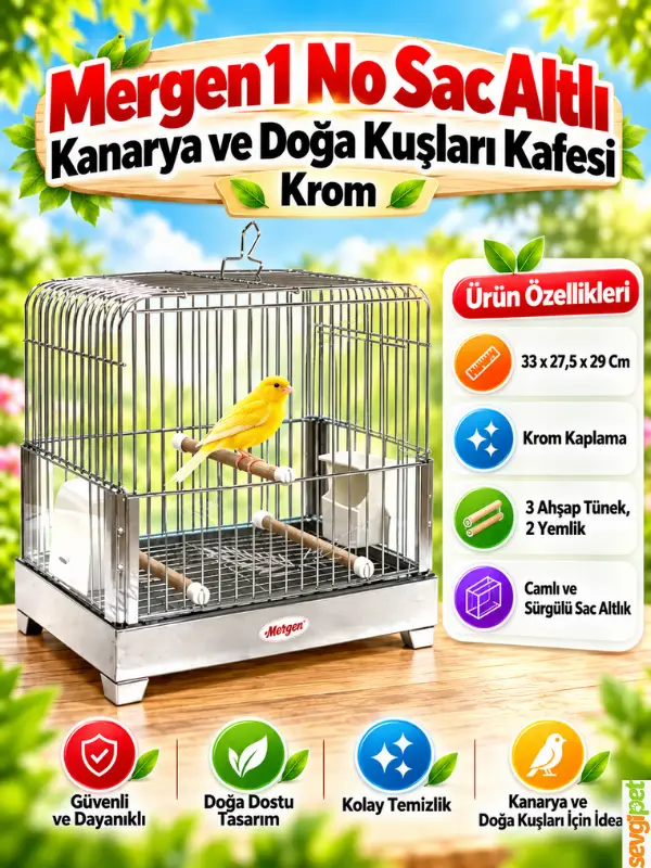 Kanarya ve Doğa Kuşları Kafesi Krom (33 x 27,5 x 29 cm – Camlı, Sürgülü Tepsili ve 3 Ahşap Tünekli Kuş Kafesi)
