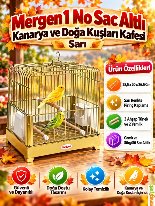 Kanarya ve Doğa Kuşları Kafesi Sarı (28,5 x 20 x 26,5 cm – Camlı, Sürgülü Sac Tepsili, 3 Ahşap Tünekli Pirinç Kaplama Kuş Kafesi)