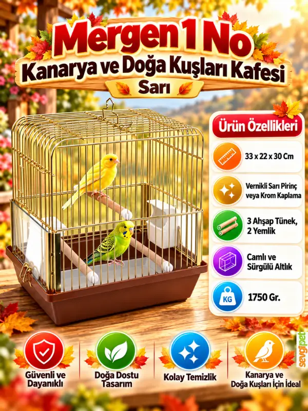 Kanarya ve Doğa Kuşları Kafesi Sarı (33 x 22 x 30 cm – Camlı, Sürgülü Altlıklı, 3 Ahşap Tünekli Vernikli Pirinç Kuş Kafesi)