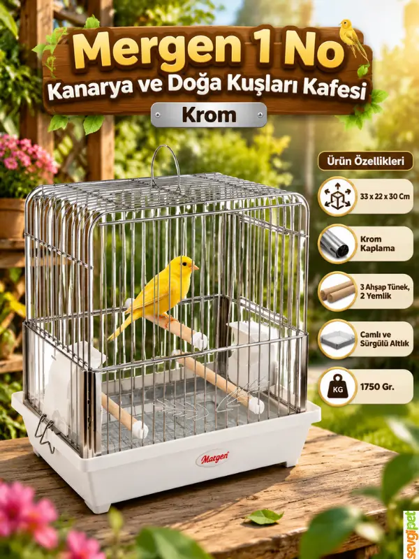 Kanarya ve Doğa Kuşları Kafesi Krom (33 x 22 x 30 cm – Camlı, Sürgülü Altlıklı, 3 Ahşap Tünekli Krom Kaplama Kuş Kafesi)