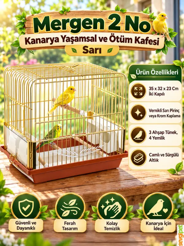 Kanarya Yaşamsal ve Ötüm Kafesi Sarı (35 x 32 x 23 cm – Çift Kapılı, Camlı, Sürgülü Altlıklı, 3 Ahşap Tünekli ve 4 Yemlikli Vernikli Pirinç Kuş Kafesi)