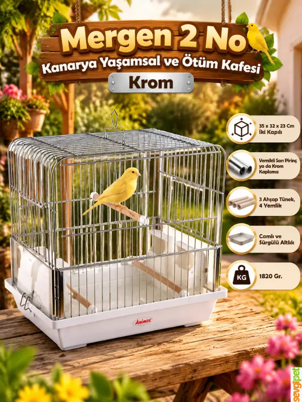 Kanarya Yaşamsal ve Ötüm Kafesi Krom (35 x 32 x 23 cm – Çift Kapılı, Camlı, Sürgülü Altlıklı, 3 Ahşap Tünekli ve 4 Yemlikli Krom Kaplama Kuş Kafesi)