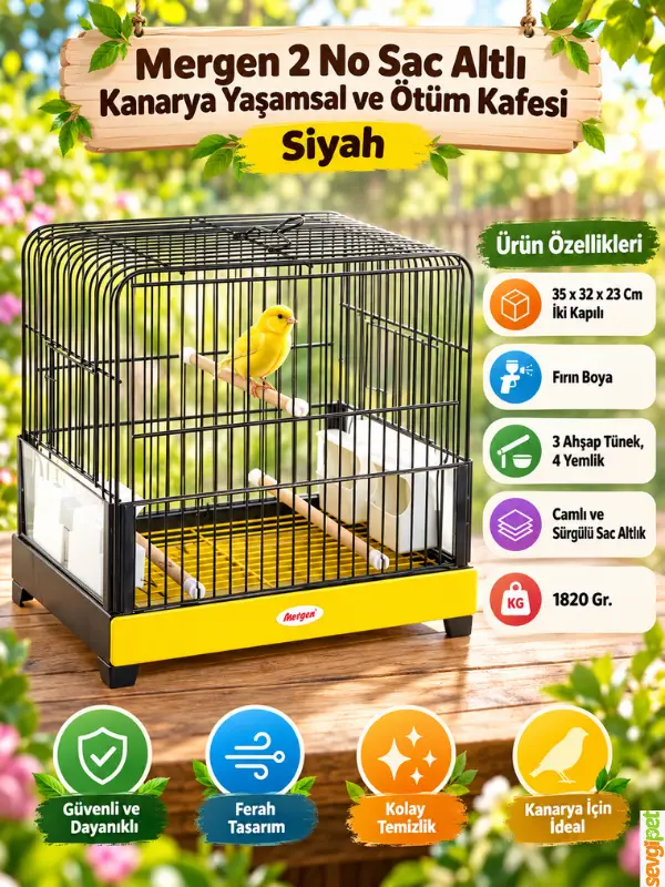 Kanarya Yaşamsal ve Ötüm Kafesi Siyah (35 x 32 x 23 cm – İki Kapılı, Camlı, Sürgülü Sac Tepsili, 3 Ahşap Tünekli ve 4 Yemlikli Kuş Kafesi)