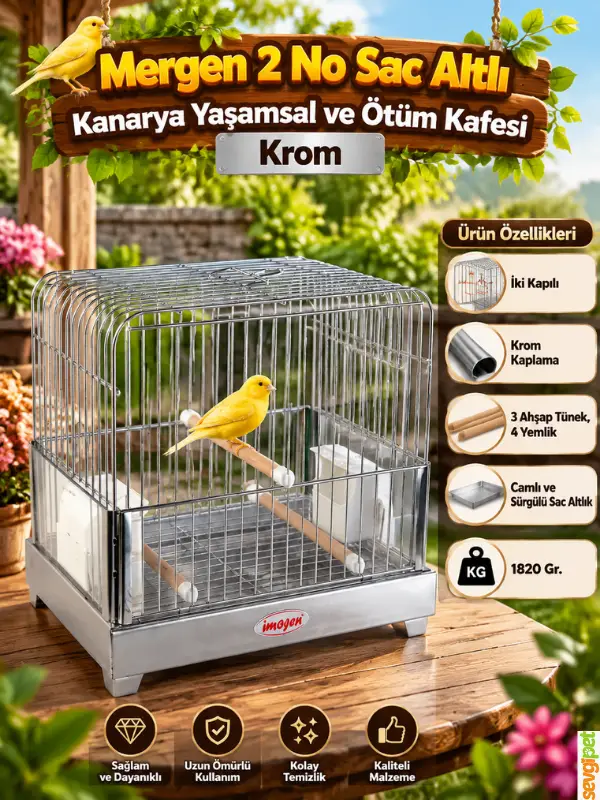 Kanarya Yaşamsal ve Ötüm Kafesi Krom (İki Kapılı, Camlı, Sürgülü Sac Tepsili, 3 Ahşap Tünekli ve 4 Yemlikli Kuş Kafesi)