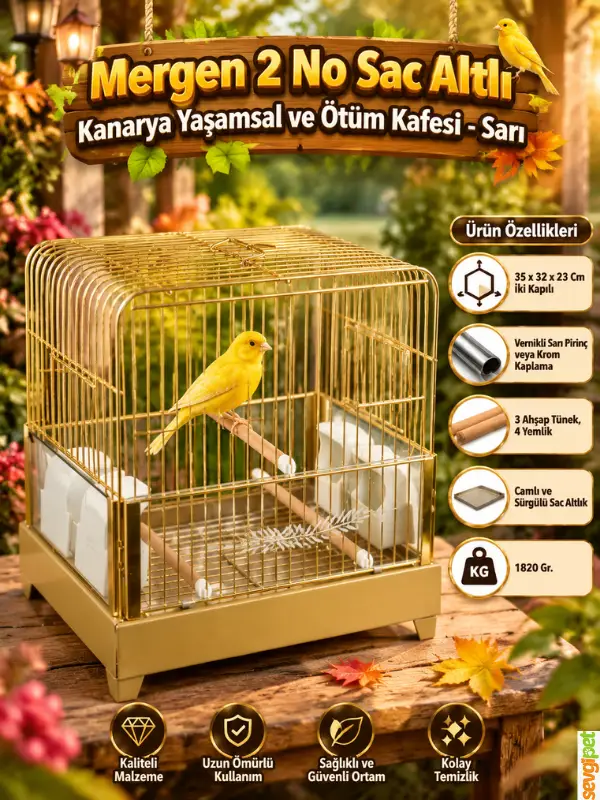 Kanarya Yaşamsal ve Ötüm Kafesi Sarı (35 x 32 x 23 cm – İki Kapılı, Camlı, Sürgülü Sac Tepsili, 3 Ahşap Tünekli ve 4 Yemlikli Kuş Kafesi)