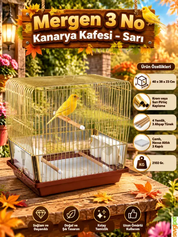 Kanarya Kafesi Sarı (40 x 38 x 23 cm – 3 Kapılı, Camlı, Havuz Altlıklı, 3 Ahşap Tünekli ve 4 Yemlikli Pirinç Kaplama Kuş Kafesi)