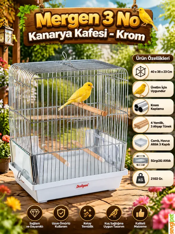 Kanarya ve Üretim Kafesi Krom (40 x 38 x 23 cm – 3 Kapılı, Camlı, Havuz ve Sürgülü Altlıklı, 3 Ahşap Tünekli ve 4 Yemlikli Kuş Kafesi)