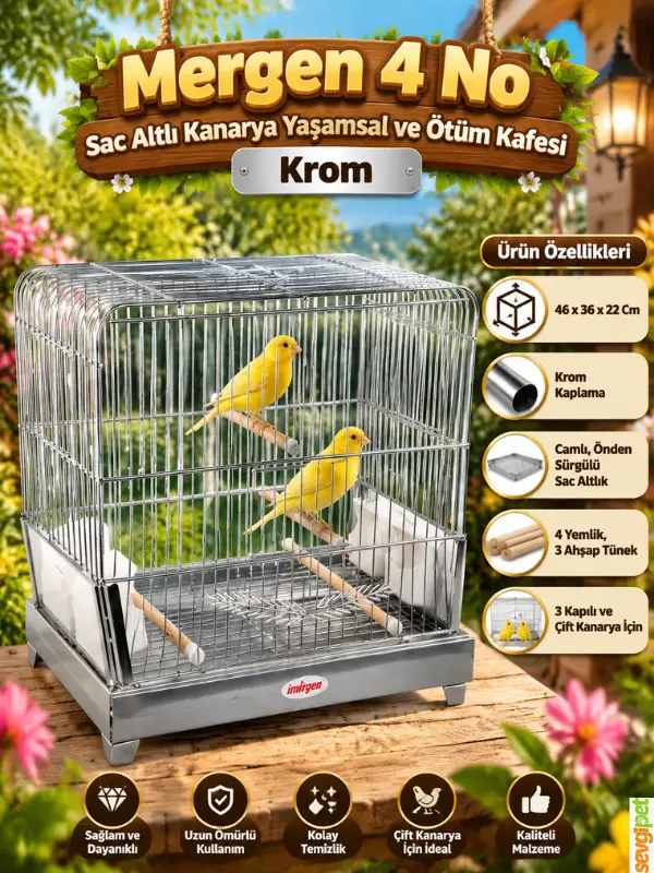 Kanarya Yaşamsal ve Ötüm Kafesi Krom (46 x 36 x 22 cm – 3 Kapılı, Camlı, Önden Sürgülü Sac Tepsili, 3 Ahşap Tünekli ve 4 Yemlikli Kuş Kafesi)