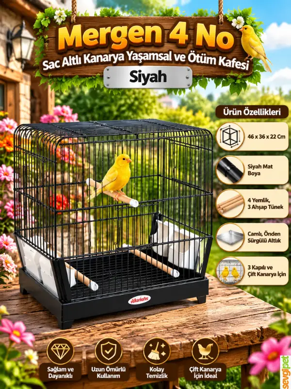 Kanarya Yaşamsal ve Ötüm Kafesi Siyah (46 x 36 x 22 cm – 3 Kapılı, Camlı, Önden Sürgülü Altlıklı, 3 Ahşap Tünekli ve 4 Yemlikli Siyah Mat Kuş Kafesi)