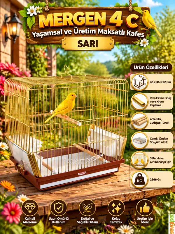 Yaşamsal ve Üretim Maksatlı Kafes Sarı (46 x 36 x 22 cm – 3 Kapılı, Camlı, Önden Sürgülü Altlıklı, 3 Ahşap Tünekli ve 4 Yemlikli Vernikli Pirinç Kuş Kafesi)
