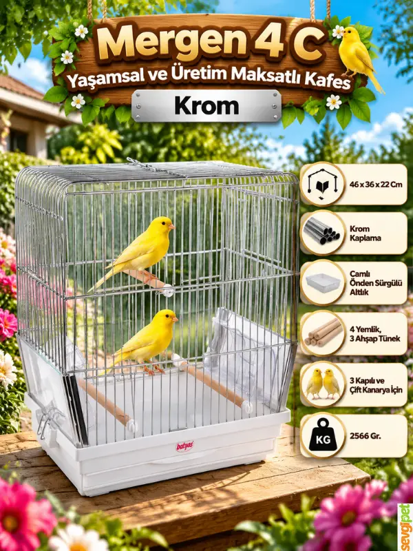 Yaşamsal ve Üretim Maksatlı Kafes Krom (46 x 36 x 22 cm – 3 Kapılı, Camlı, Önden Sürgülü Altlıklı, 3 Ahşap Tünekli ve 4 Yemlikli Kuş Kafesi)