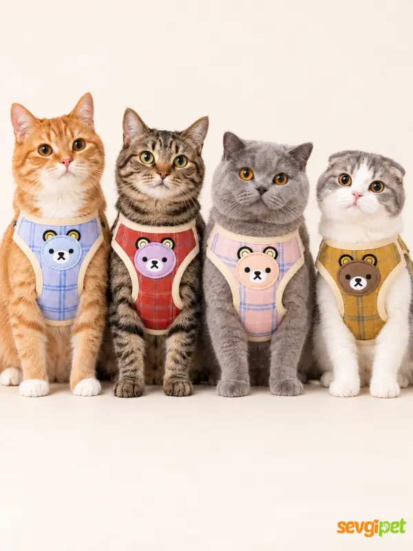 Ayıcık Motifi İşlemeli Ayarlanabilir Kedi ve Köpek Göğüs Tasması ve Gezdirme İpi