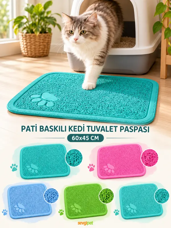 Pati Baskılı Kedi Tuvalet Paspası 60x45 cm (Kum Tutucu, Kaymaz Tabanlı Pratik Kedi Kumu Önü Paspası)