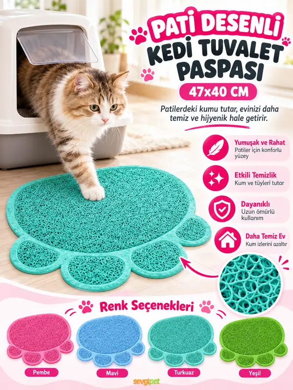 Pati Desenli Kedi Tuvalet Paspası 47x40 cm (Kum Tutucu, Kaymaz Tabanlı Pratik Kedi Kumu Önü Paspası)