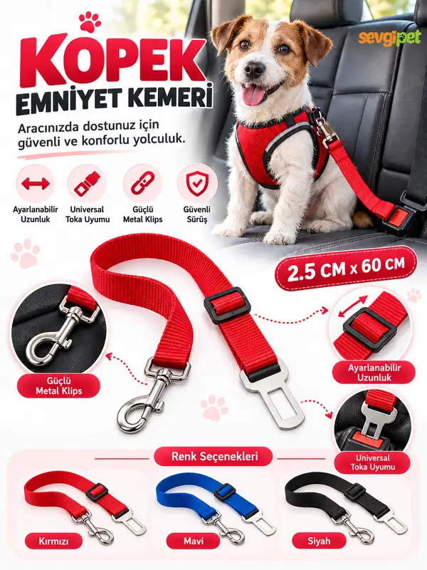Kedi ve Köpek Araç Emniyet Kemeri 2.5 cm x 60 cm