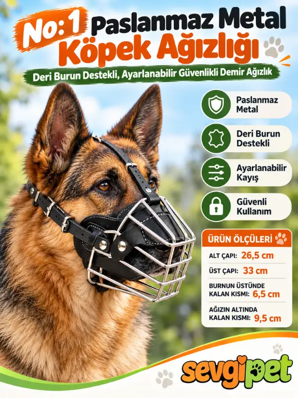 No: 1 Paslanmaz Metal Köpek Ağızlığı (Deri Burun Destekli, Ayarlanabilir Güvenlikli Demir Ağızlık)