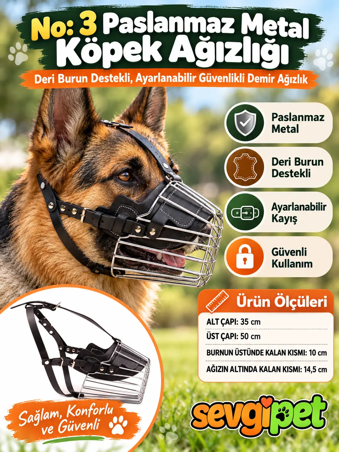 No: 3 Paslanmaz Metal Köpek Ağızlığı (35x50x10x14,5 cm)
