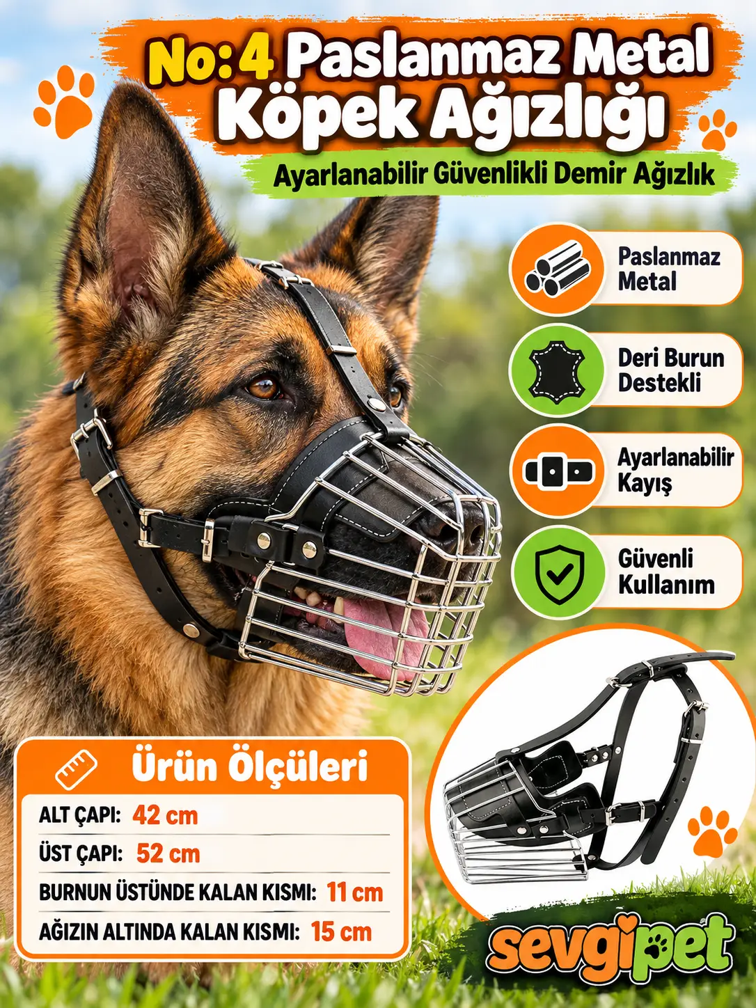 No: 4 Paslanmaz Metal Köpek Ağızlığı (42x52x11x15 cm)