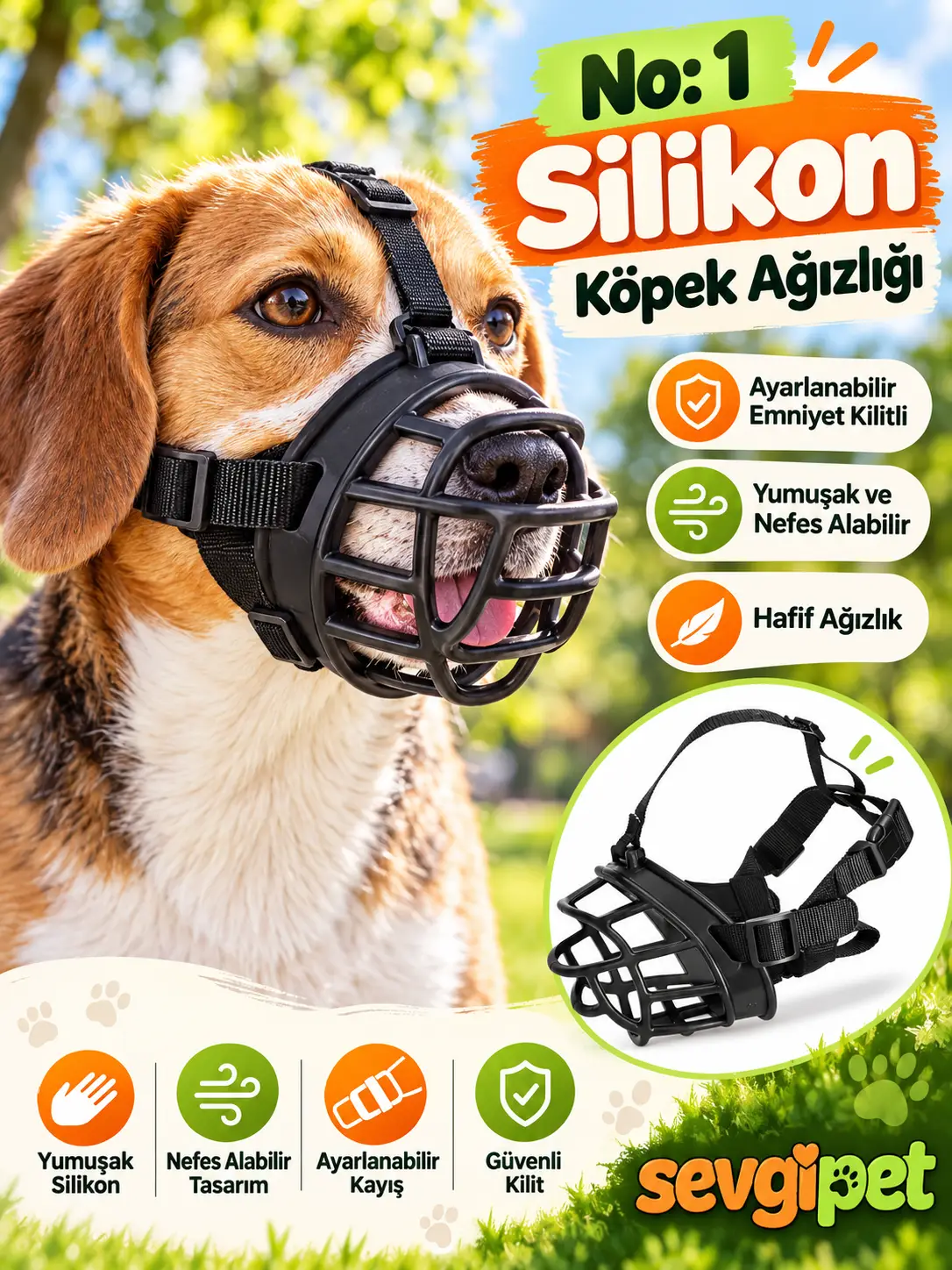 No: 1 Silikon Köpek Ağızlığı (Ayarlanabilir Emniyet Kilitli, Yumuşak ve Nefes Alabilir Hafif Ağızlık)
