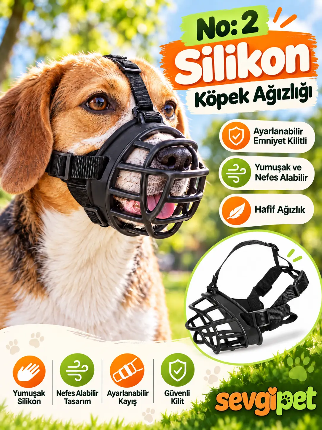 No: 2 Silikon Köpek Ağızlı (Ayarlanabilir Emniyet Kilitli, Yumuşak ve Nefes Alabilir Orta Irk Ağızlık)