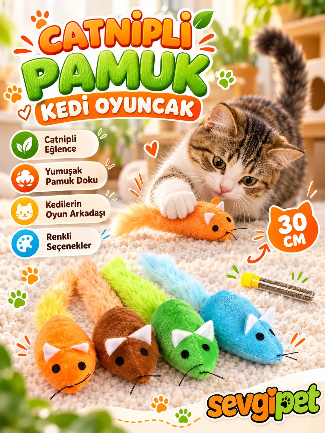Catnipli Pamuk Fare 1 Adet Kedi Oyuncağı 30 cm