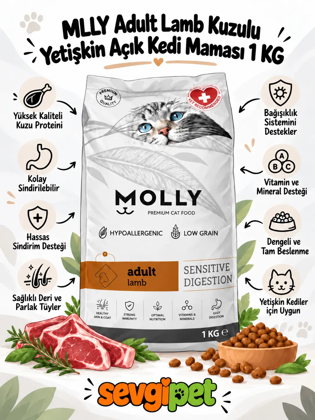 MLLY Adult Lamb Kuzulu Yetişkin Açık Kedi Maması 1 KG