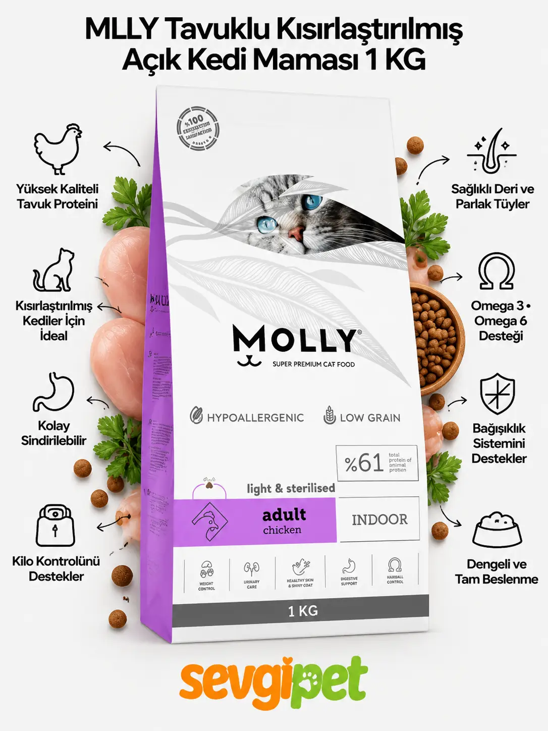 MLLY Tavuklu Kısırlaştırılmış Açık Kedi Maması 1 KG