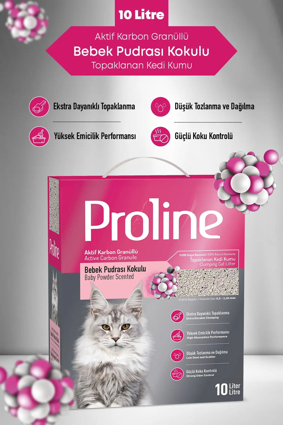 AKTİF KARBON GRANÜLLÜ BEBEK PUDRA KOKULU BENTONİT KEDİ KUMU 10 LT