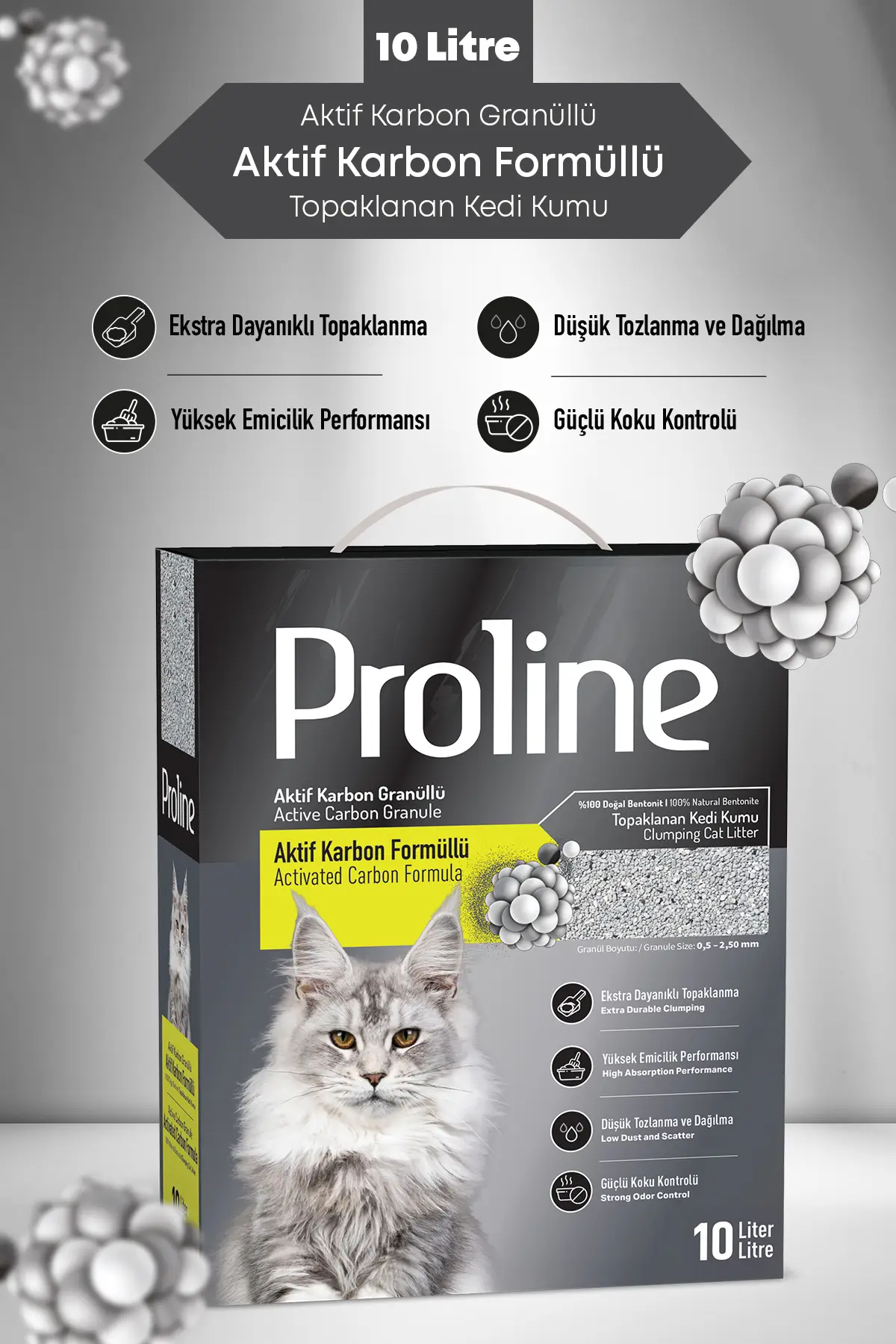 AKTİF KARBON GRANÜLLÜ BENTONİT KEDİ KUMU 10 LT