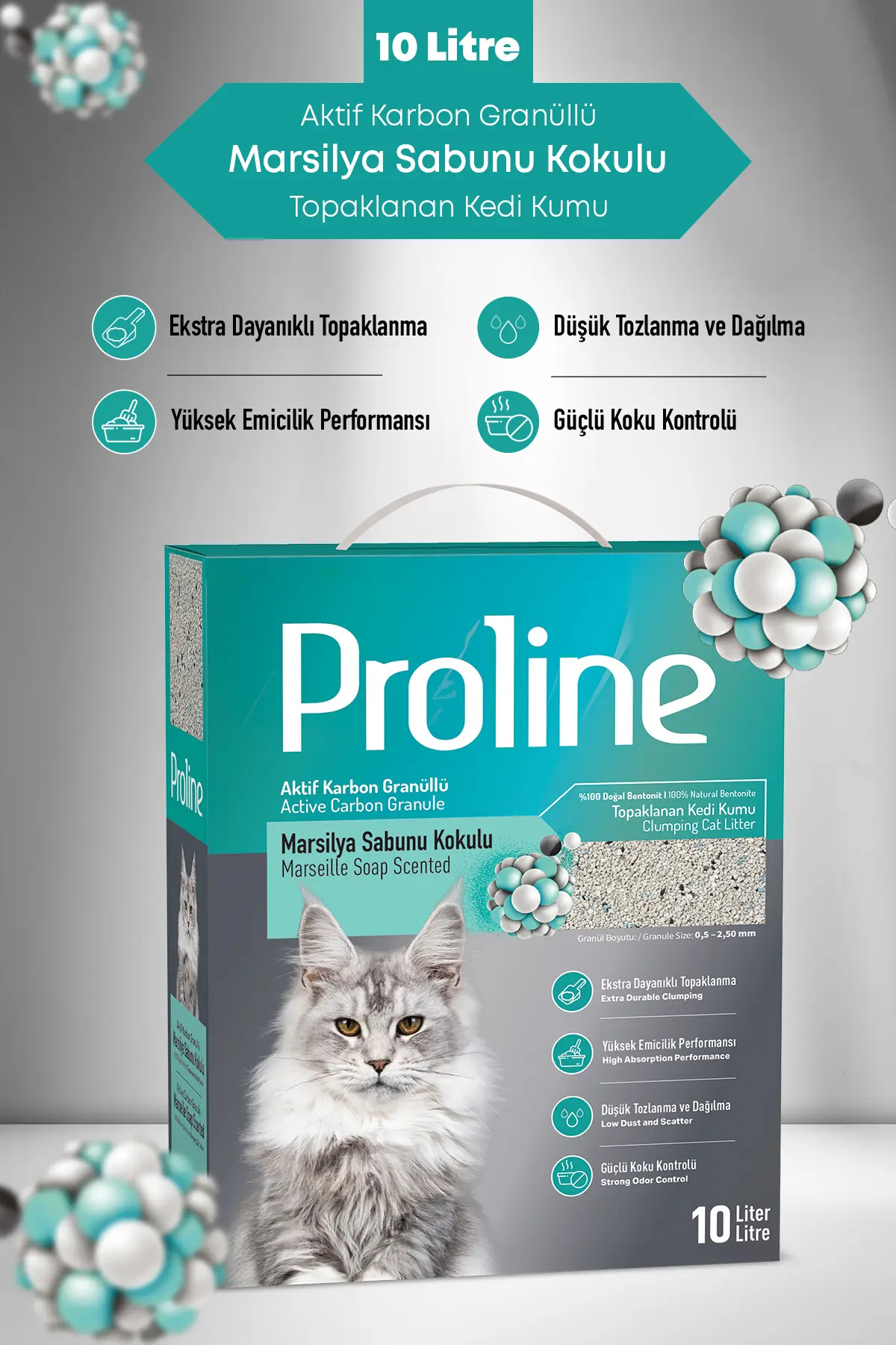 AKTİF KARBON GRANÜLLÜ MARSİLYA SABUN KOKULU BENTONİT KEDİ KUMU 10 LT