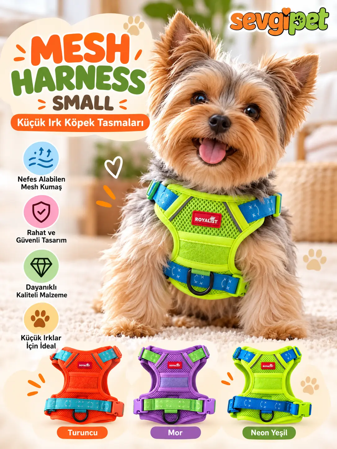 Nefes Alabilir File Kumaş Köpek Göğüs Tasması Small (Ayarlanabilir Emniyet Kilitli Küçük Irk Yürüyüş Tasması - Karışık Renk)