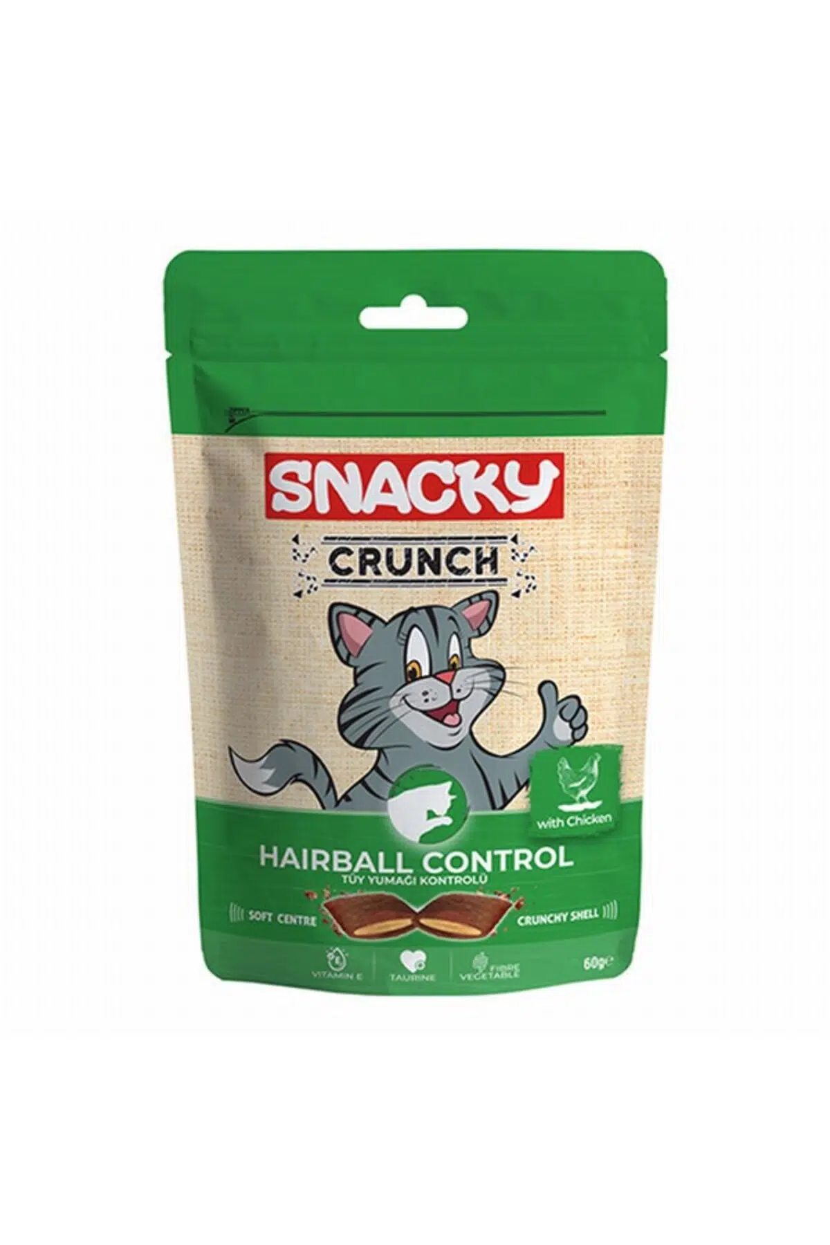 Snacky Crunch Hairball Control Tüy Yumağı Kontrolü için Tavuklu Kedi Ödül Maması 60gr